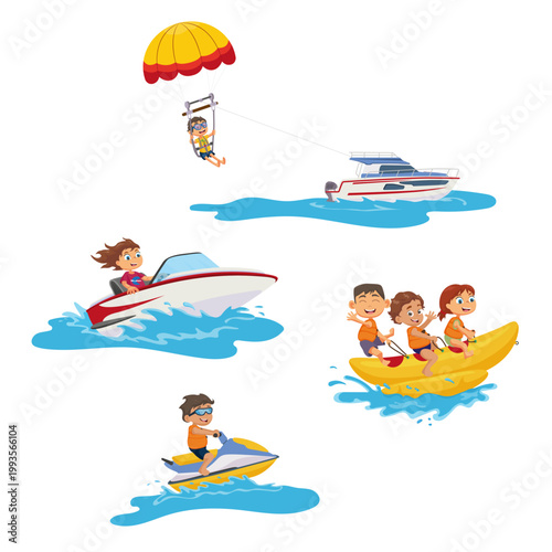 Kids summer water activities set. Cartoon characters on jet ski, motor boat, banana boat and parasailing. Tropical resort icons.