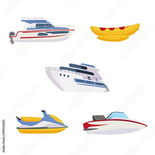 Water transport and attractions set. Vector icons of luxury yacht, motorboat, jet ski, and banana boat. Summer sea vessels icons.