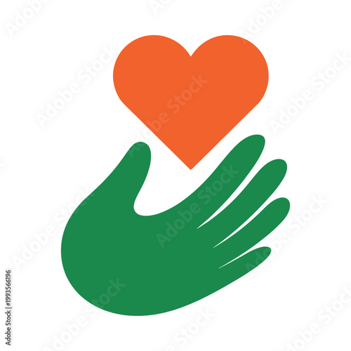 A green hand cradling a vibrant orange heart symbolizing care and support