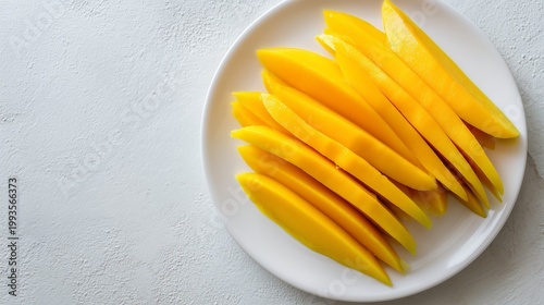 Ripe yellow mango peeled and cut into long thin strips on white plate, fresh ready to eat snack