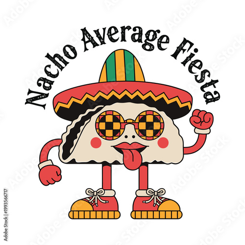 A cheerful taco character with googly eyes dances to celebrate a Nacho Average Fiesta.