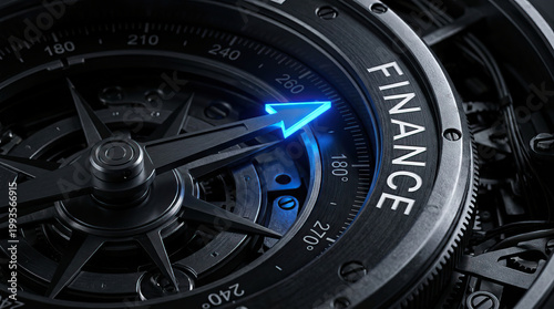 Finance Compass Arrow Navigation Direction Business Investment Strategy Metal Technology Close up Black Blue Modern Instrument Precision Control Concept Guidance Tool Equipment Mechanism