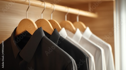 Close-up of black and white shirts hanging in a wooden closet
