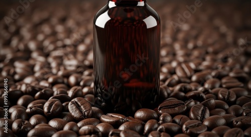 Glass Bottle Surrounded by Coffee Beans on a Dark Background
