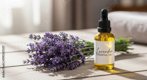 Lavender Essential Oil with Fresh Lavender Flowers on Wooden Surface