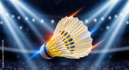 Vibrant Badminton Shuttlecock in Motion Under Arena Lights