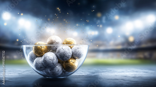 Mini soccer balls inside a glass container with copy space. Concept of tournament draw, team selection, competition and football world championship