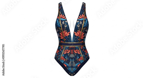 One Piece Swimsuit with Deep V Neckline and Tropical Floral Print.