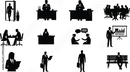 Business people silhouettes diverse professional activities and workplace scenes