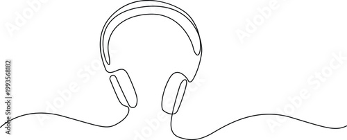 A pair of over-ear headphones connected by a coiled audio cable extending outward. Vector