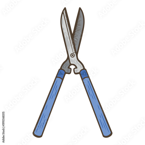 Hedge shears illustration, garden pruning scissors, landscaping tool, trimming bushes equipment, metal blades with blue handles, manual cutter, gardening accessory, vintage hand drawn style, isolated