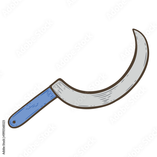Garden sickle illustration, curved blade tool, hand tool for harvesting, farming equipment, pruning tool, agricultural instrument, metal blade with blue handle, vintage hand drawn style, isolated