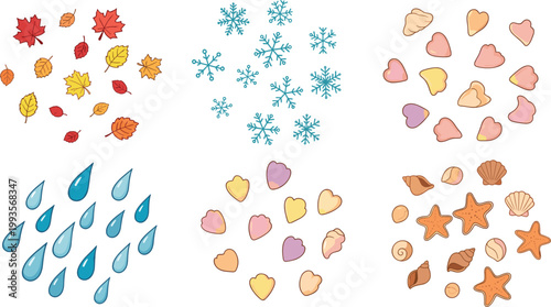 Cute ocean and weather icons vector set with raindrops hearts seashells starfish coastal elements collection isolated illustration