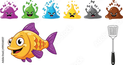 Cartoon colorful slime characters with emotions, cute fish and kitchen spatula illustration set, playful elements collection for kids design and creativity