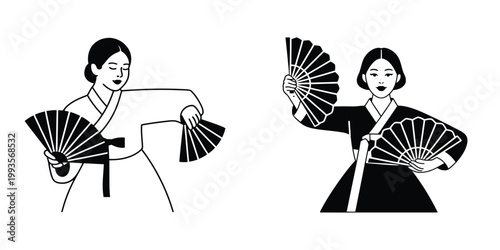 Traditional Korean Hanbok Woman Performing Fan Dance Illustration – Asian Cultural Festival, Buchaechum Dancer, Elegant Folk Performance Vector Art