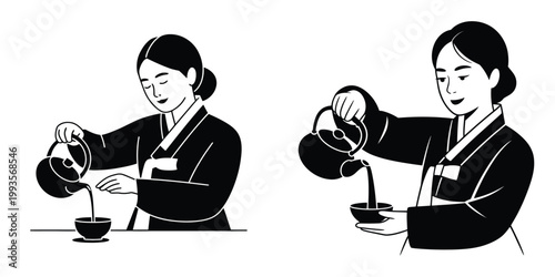 Traditional Korean Hanbok Woman Pouring Tea Illustration – Asian Tea Ceremony, Korean Cultural Heritage, Elegant Hospitality Vector Art