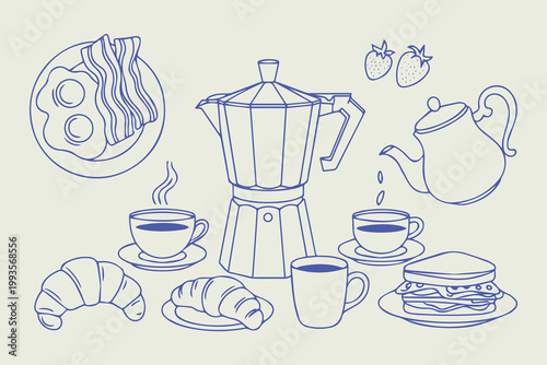 Breakfast brunch sketch set food and drink ink style illustration