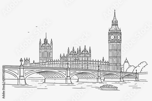 Linear Drawing of Westminster Palace with Big Ben and Westminster Bridge in London, Simple Flat Vector Illustration of Iconic United Kingdom Landmark, Coloring Page Style Architecture Sketch