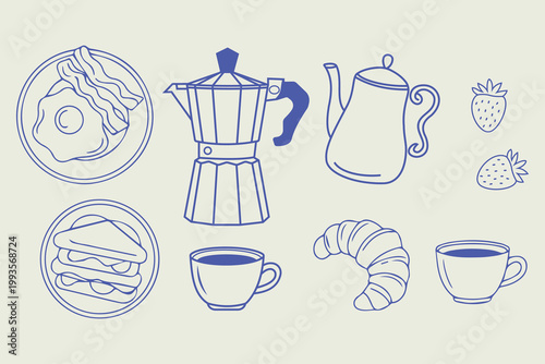 Breakfast brunch sketch set food and drink ink style illustration