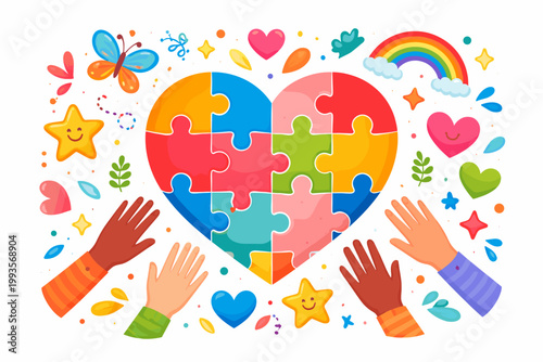 World Autism Awareness Day Poster with Colorful Heart Puzzle and Diverse Hands Reaching Out for Inclusion, Support, and Neurodiversity Celebration, Vector Illustration for Awareness Campaigns.