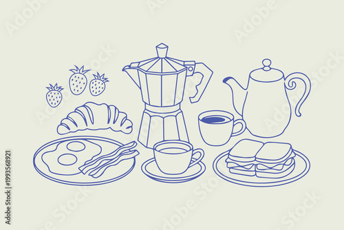 Breakfast brunch sketch set food and drink ink style illustration