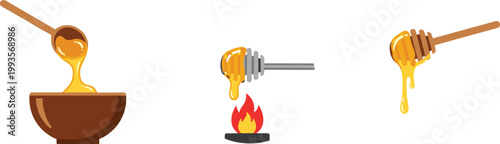 Set of Honey Dipper Icons with Honey in Bowl, Dipper, and Heating Process for Food, Cooking, and Sweetness Designs, Vector Art