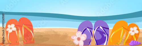 Summer beach scene with seashells, starfish and flip flops on sand. Bright and relaxing summer illustration featuring warm sandy beach, ocean atmosphere, seashells and a starfish creating a natural 