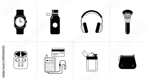Collection of modern accessories and gadgets icons, flat design, black and white