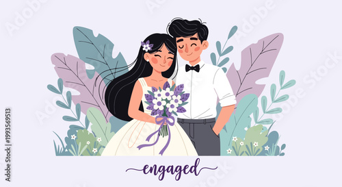 Engaged Couple Embracing with Floral Bouquet.