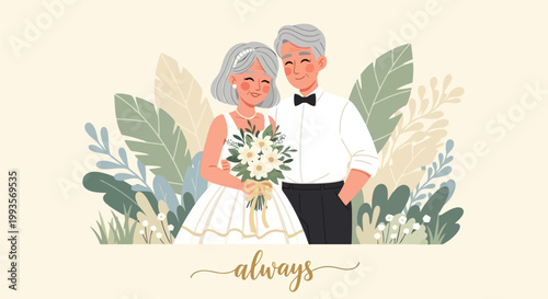 Elderly Couple Wedding Day Celebration Love Forever.