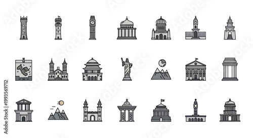 Collection of Famous Landmark Icons and Building Symbols