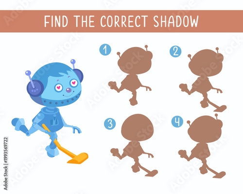 Find correct shadow educational game for kids with cute cartoon robot character. This logical vector puzzle is designed to improve children visual perception and attention to detail through fun