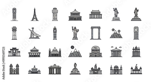 Collection of Famous Landmark Icons - Pixel Art Style