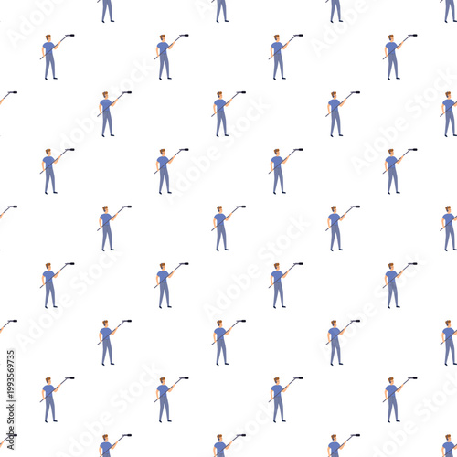 Boom operator standing and holding a microphone on a stick in a repeating seamless pattern