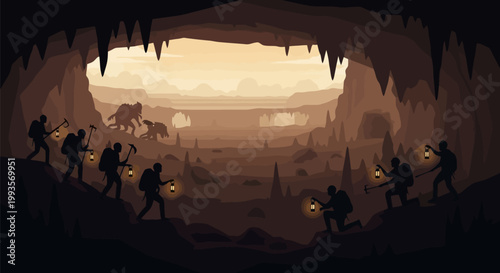 Explorers with torches discovering ancient cave with mysterious landscape.