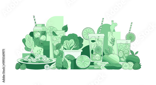 A vibrant illustration featuring artichokes and a plate, perfect for conveying freshness, healthy eating, or a natural, organic feel for marketing mat
