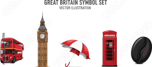 Great Britain symbol set with Big Ben, red double decker bus, telephone booth, umbrella and coffee bean vector illustration