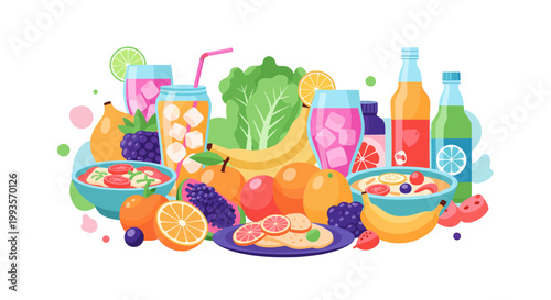 A vibrant and cheerful graphic of a bowl filled with food, radiating positivity. Suitable for marketing healthy eating, vibrant lifestyle content, or 