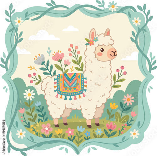 Cute cartoon llama with flowers and blanket in a decorative frame, baby animal