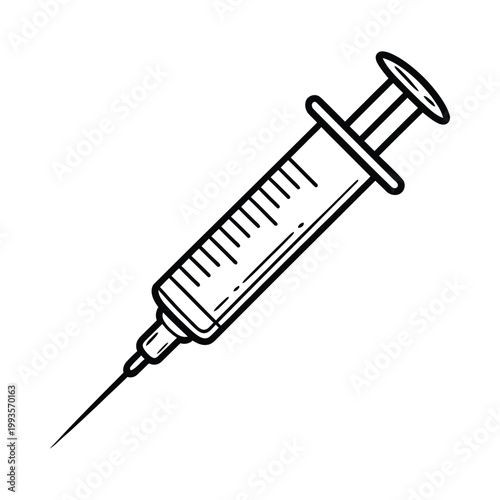 A black and white illustration depicts a medical syringe a tool for injections