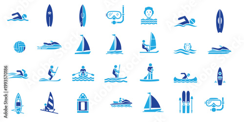 Collection of blue water sports icons including surfing sailing swimming and diving equipment set