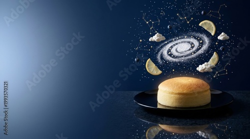 A whimsical dessert scene featuring a fluffy sponge cake on a black plate with powdered sugar swirling around it in a galaxylike formation with lemon slices and clouds