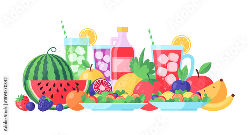A vibrant and refreshing illustration of summer fruits evoking feelings of joy, health, and abundance. Ideal for marketing, advertising, or website de