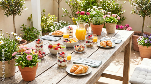 Spring food social gathering with fresh fruit yogurt granola croissant and orange juice on wooden table surrounded by blooming flowers