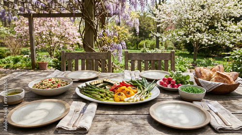 Spring food social gathering with fresh vegetables and bread on rustic wooden table in blooming garden setting