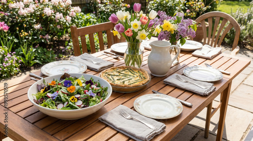 Spring salad food social gathering with fresh flowers and outdoor wooden table set for meal in garden