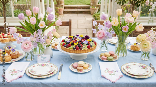 Spring food social gathering with colorful fruit tart and pastel macarons on table decorated with fresh tulip flowers and elegant floral plates