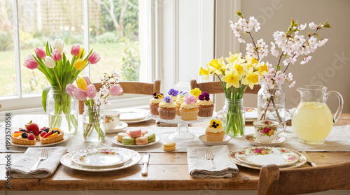 Spring flower bouquet food social gathering with cupcakes, macarons, fruit tart, and lemonade on wooden table by window bright natural light