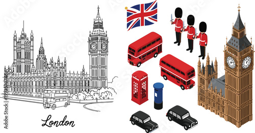 London landmark and travel symbol set with Big Ben, Parliament, red bus, royal guards and British icons vector illustration