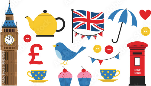 London culture icon set with Big Ben, teapot, Union Jack flag, red post box, umbrella and British symbols vector illustration